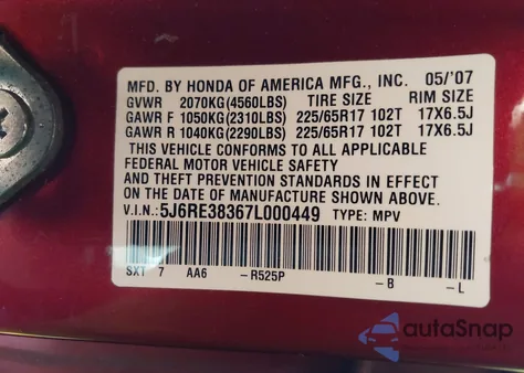 2007 Honda Cr-V Lx from USA, damaged, VIN 5J6RE38367L000449